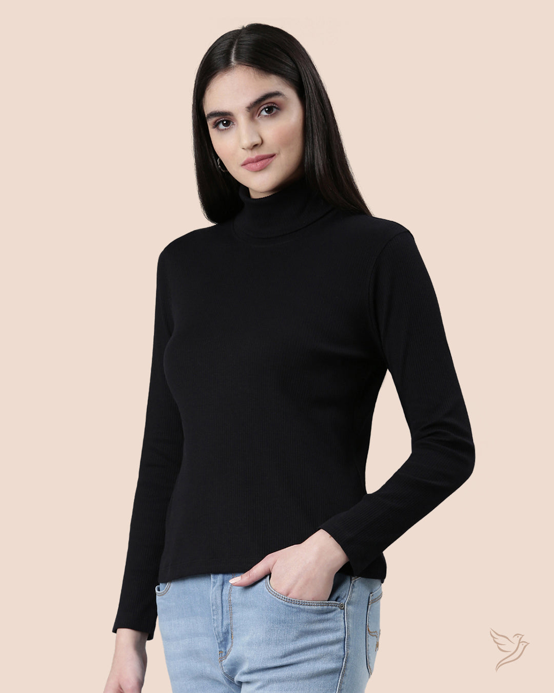 Black Turtle Neck Ribbed Tee for Women