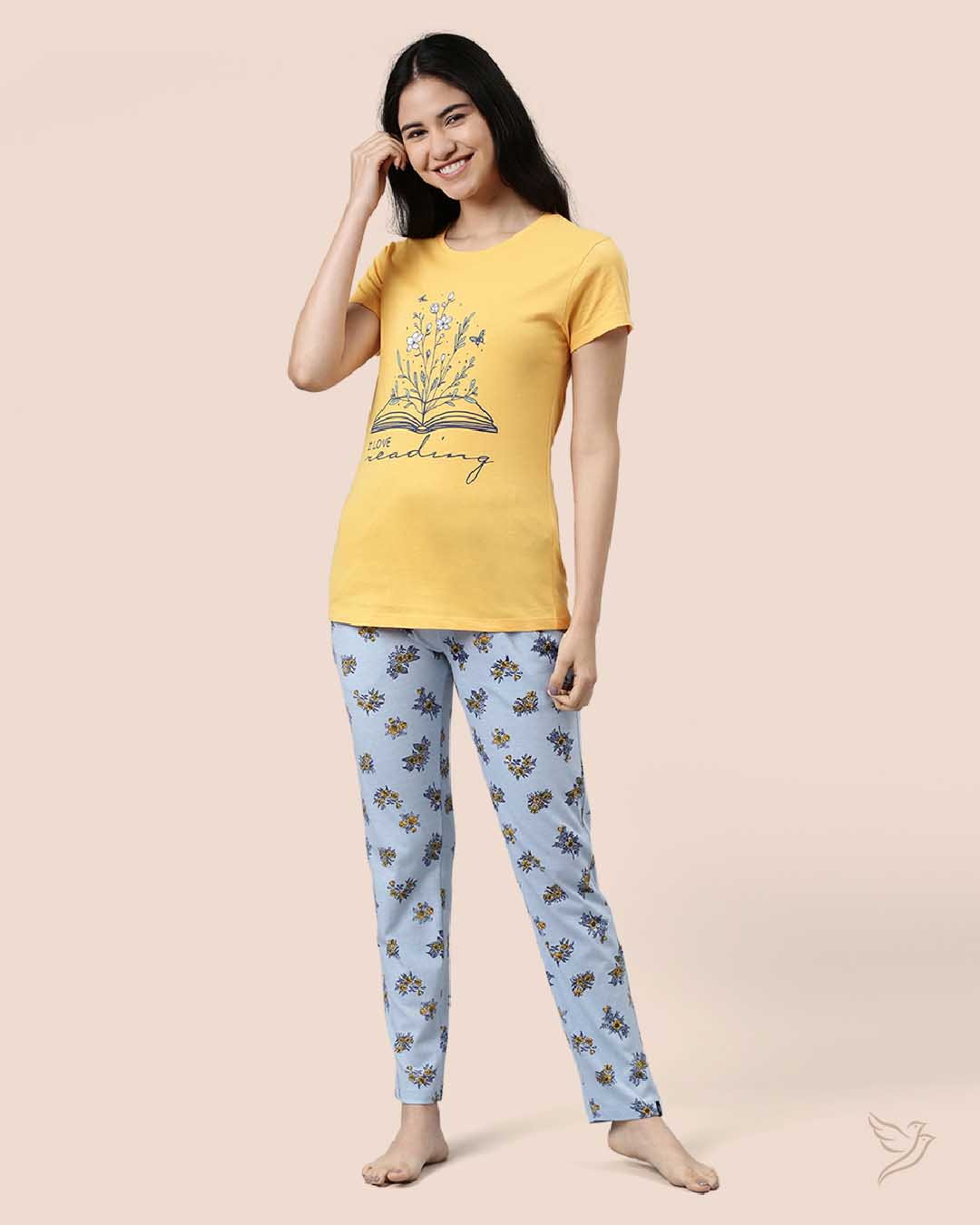 Yellow & Blue Printed Lounge Wear Pyjama Set for Women