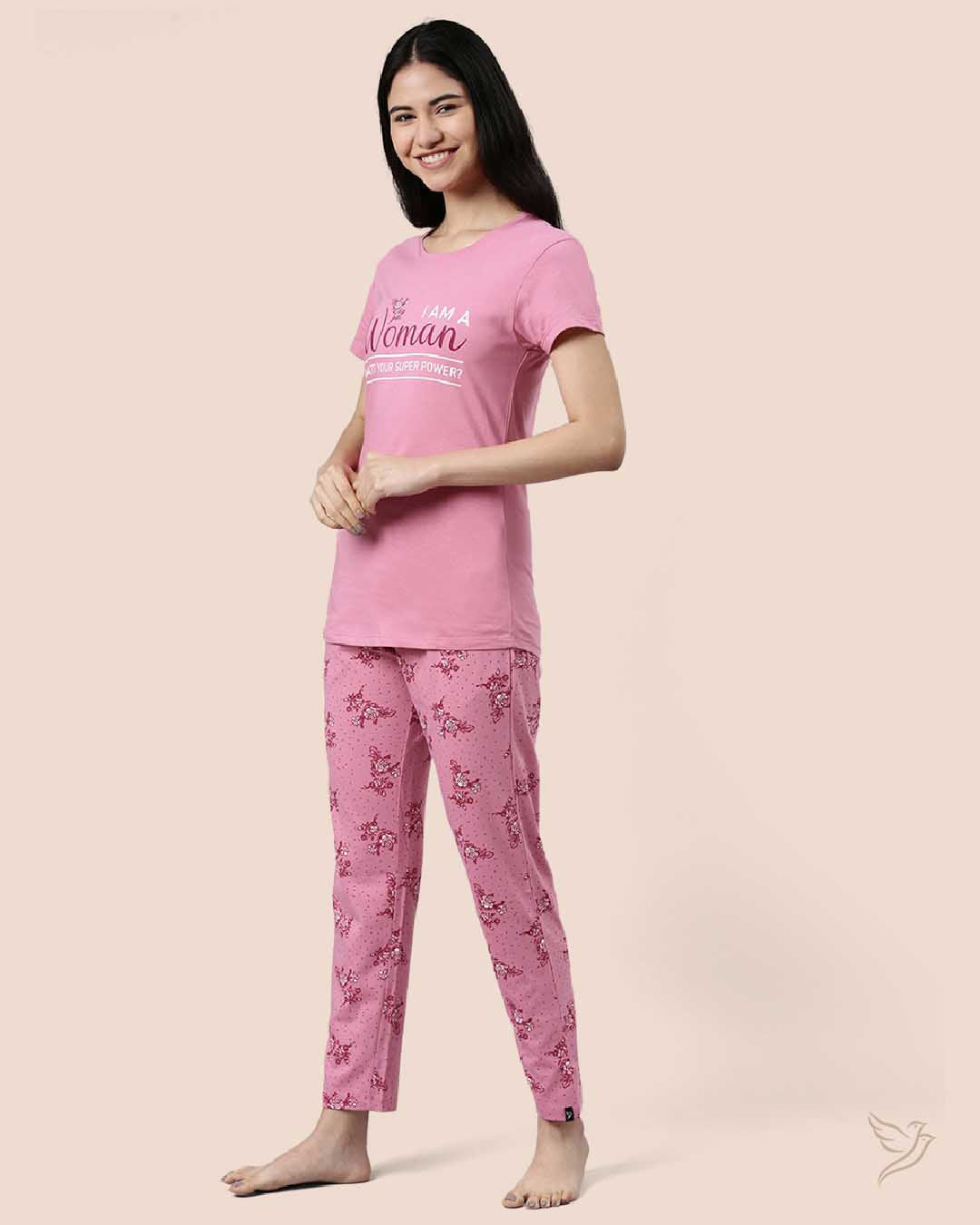 Pink Printed Lounge Wear Pyjama Set for College Girls