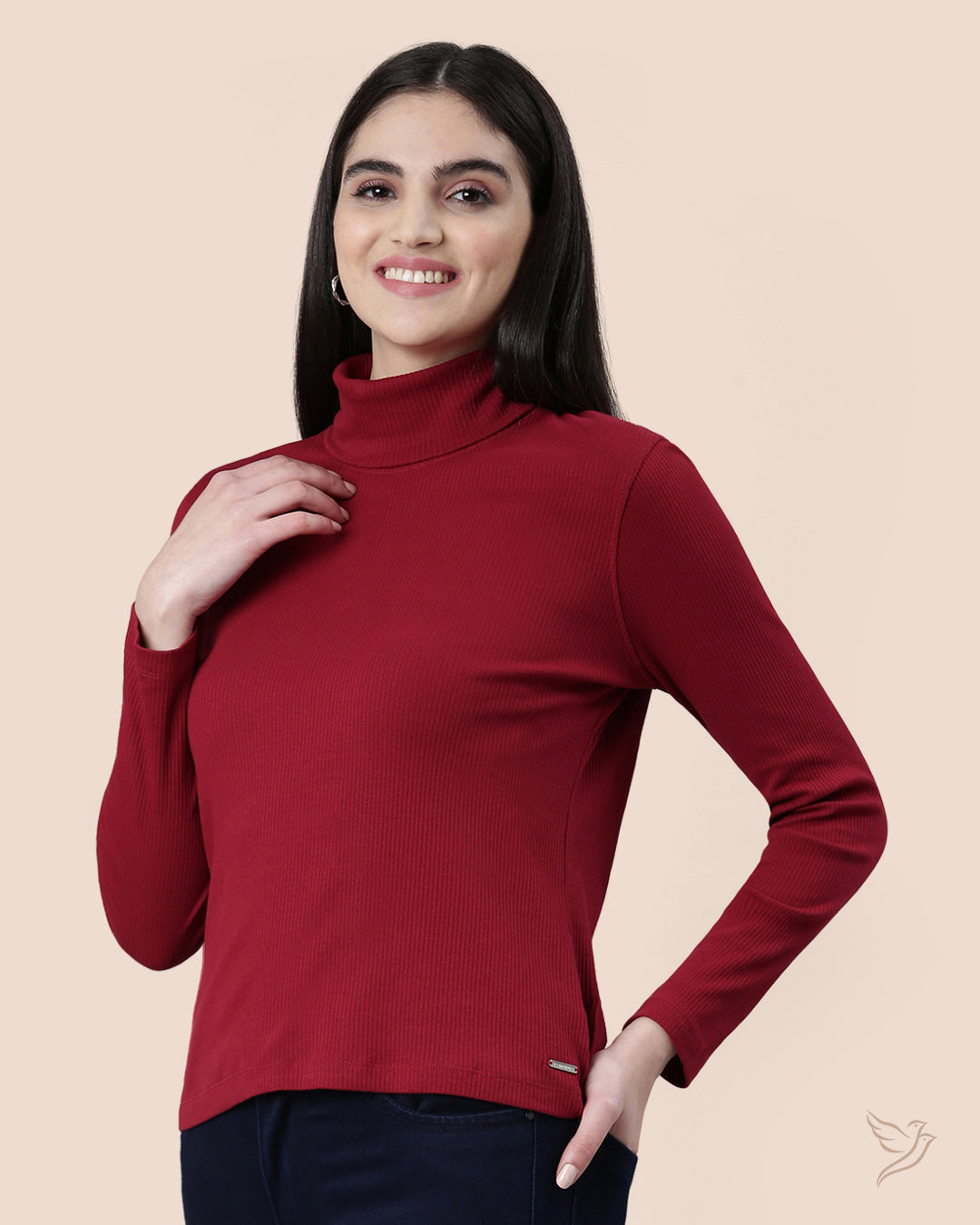 Mehandi Maroon Turtle Neck Ribbed Tee for Women