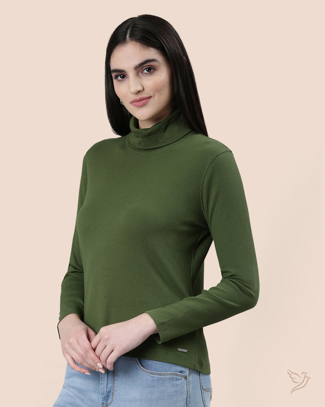 Buy Green Tree Women Stylish Turtle Neck Ribbed Tee Online – Twin