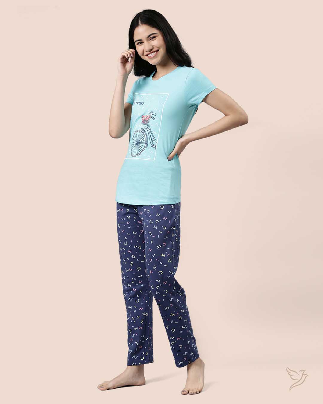 Blue & Navy Printed Lounge Wear Pyjama Set for Women