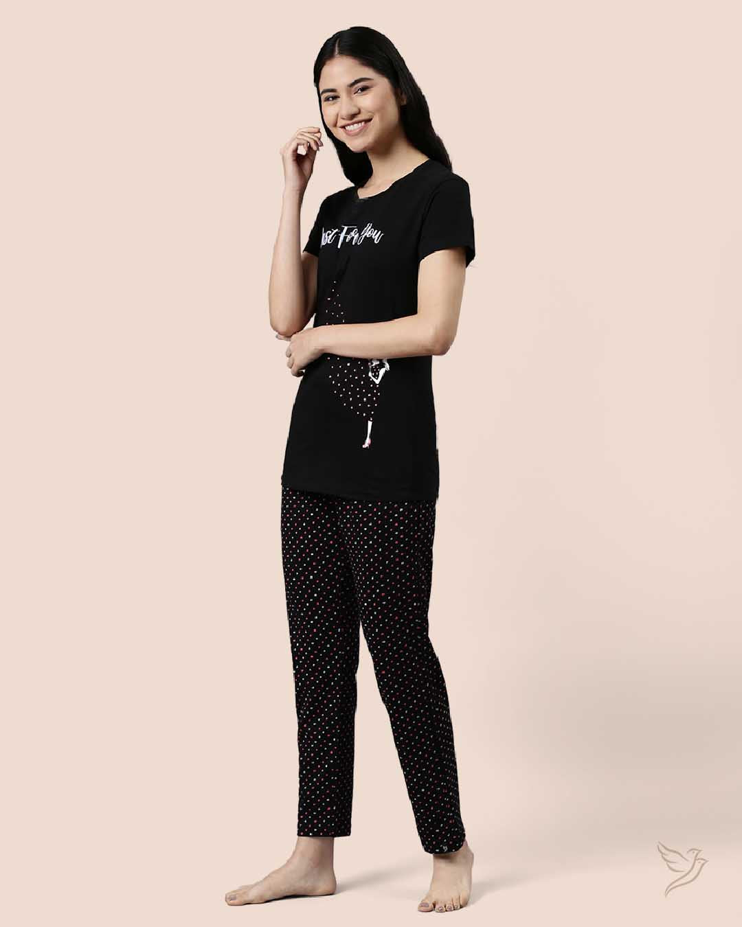 Black Printed Lounge Wear Pyjama Set for College Girls