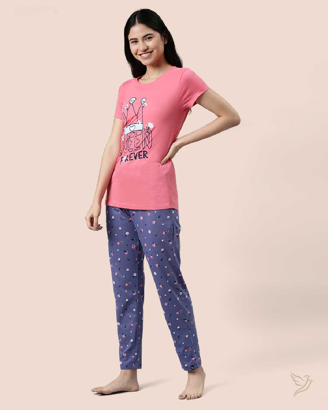 Pink & Blue Printed Lounge Wear Pyjama Set for Women