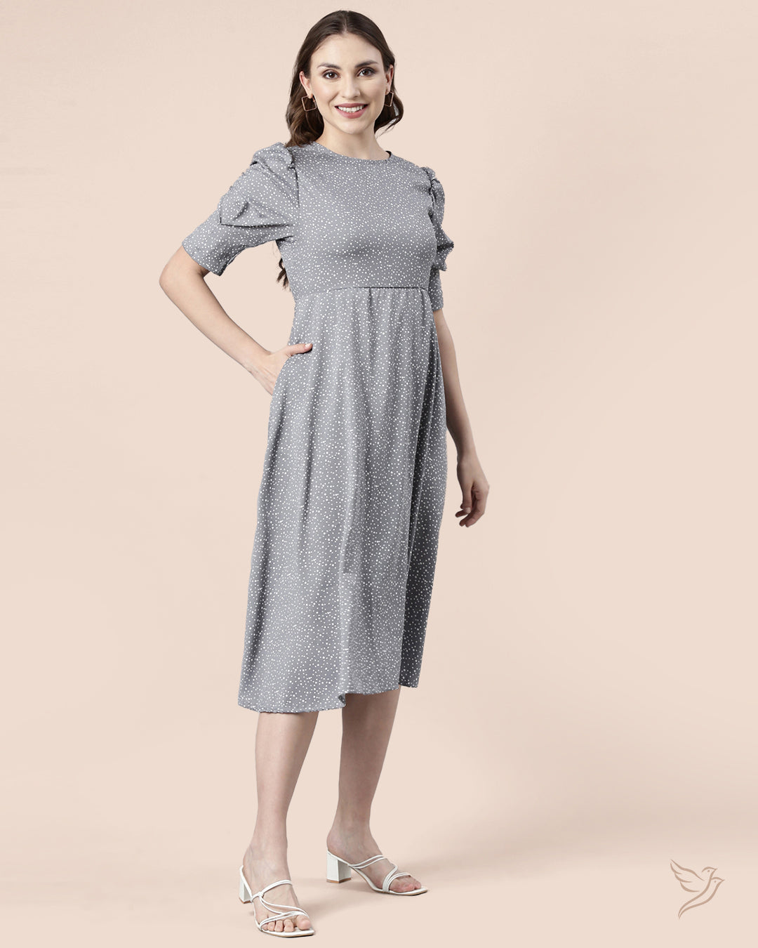 Luxury Grey Floral Printed Women Puff Sleeve Dress