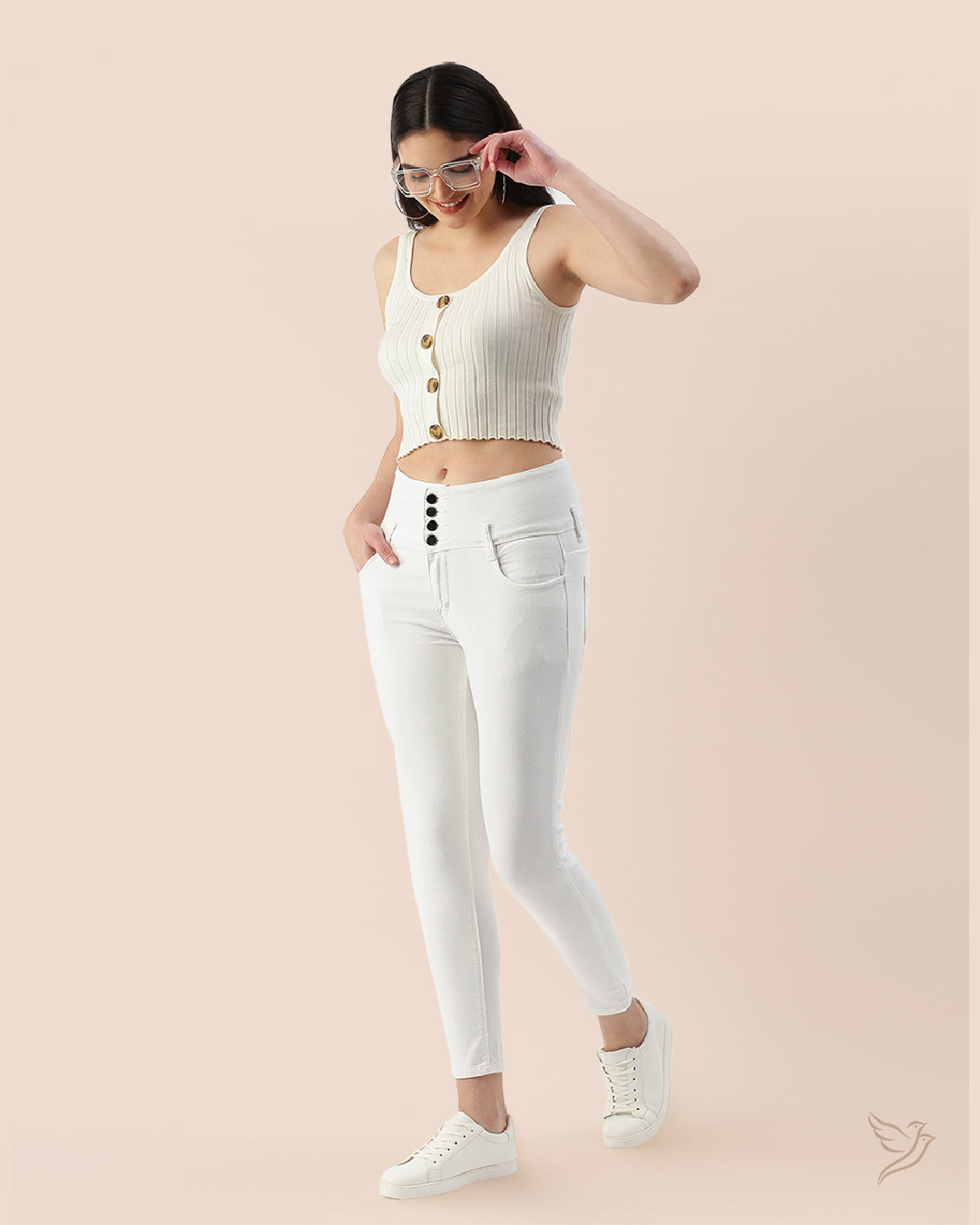 Stylish Pearl White Women High Waist Denim Jeans