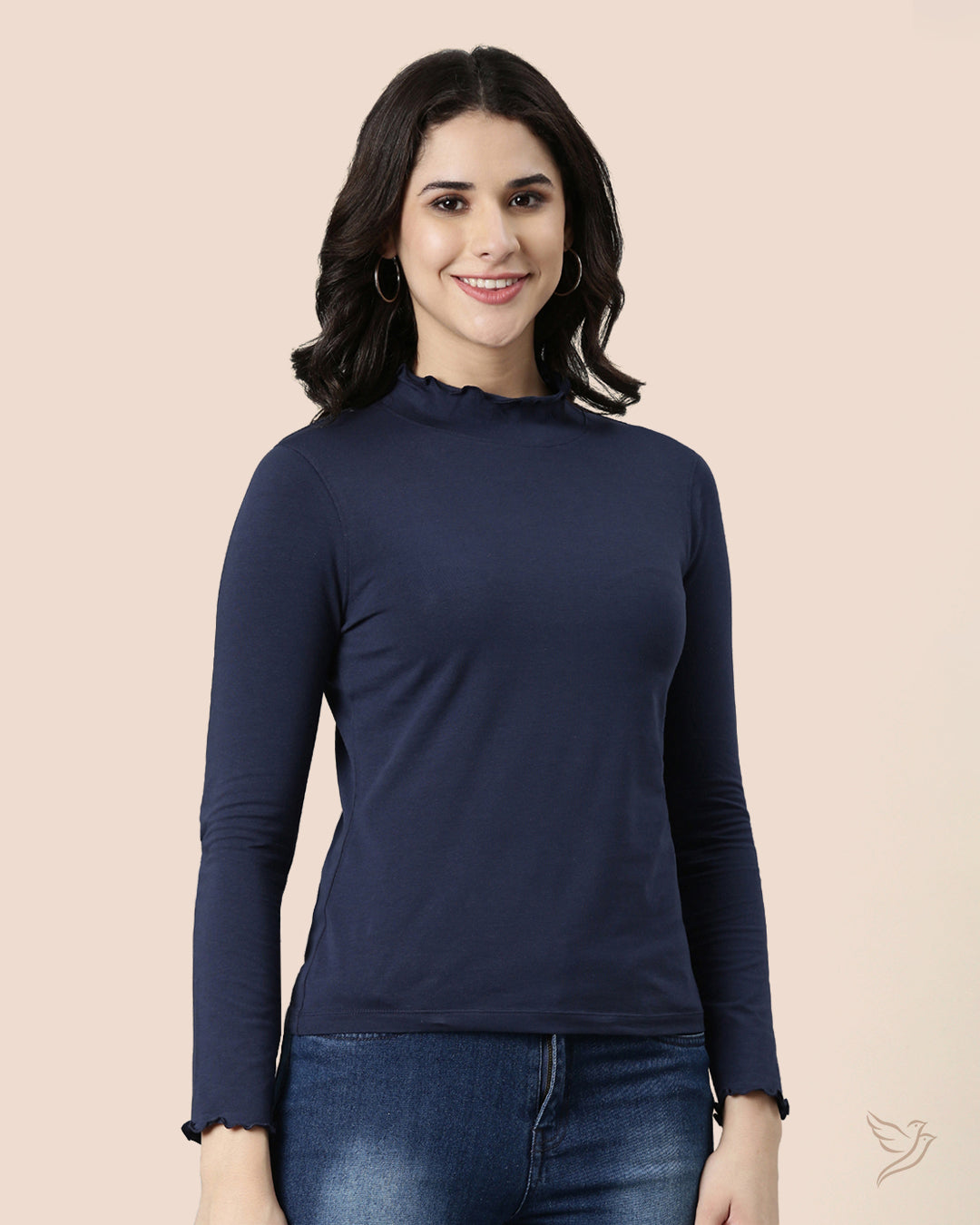 Navy High Neck Frill Tee for College girls