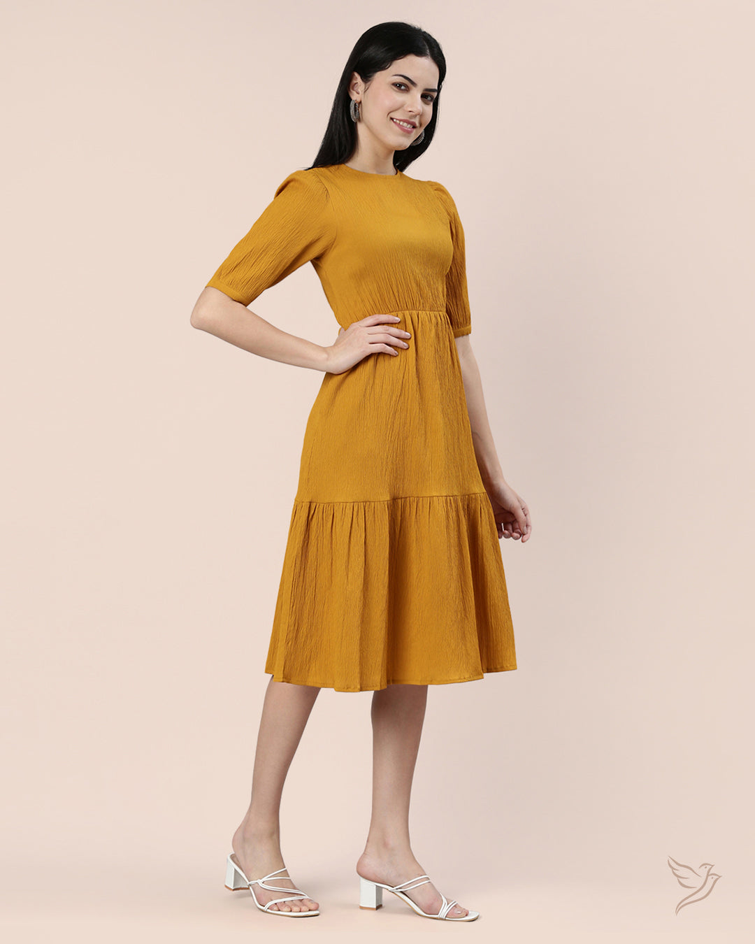 Buy Mustard Women Stylish Solid Wrinkle Dress Online Twin Birds Store