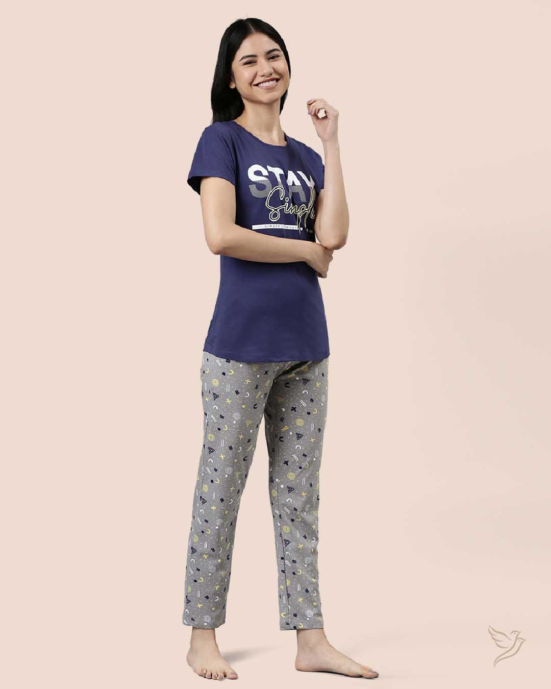 Navy & Grey Printed Lounge Wear Pyjama Set for College Girls