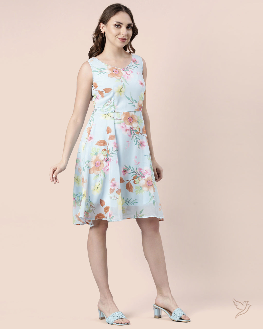 Baby Blue Floral Printed Sleeveless Georgette Dress for Women