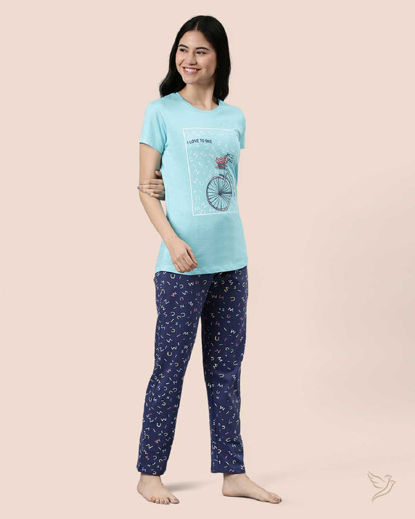 Blue & Navy Women Printed Lounge Wear Pyjama Set