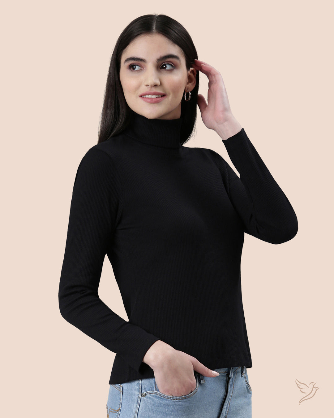 Black Turtle Neck Ribbed Tee for College Girls