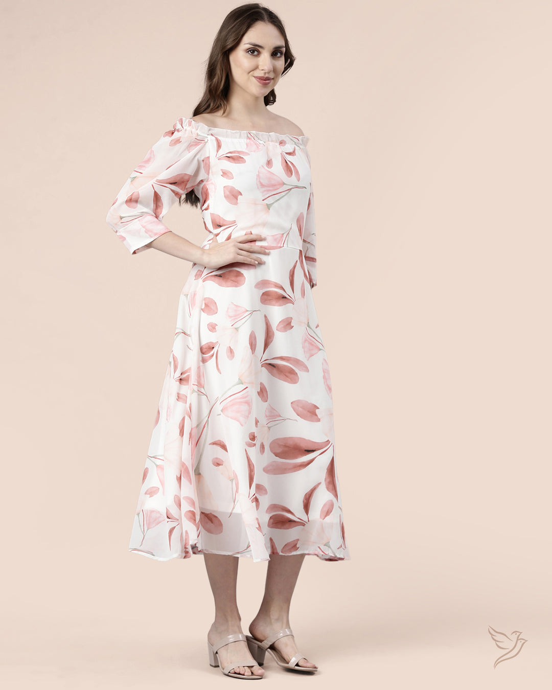 Pearl White Peach Printed Off Shoulder Dress for Women