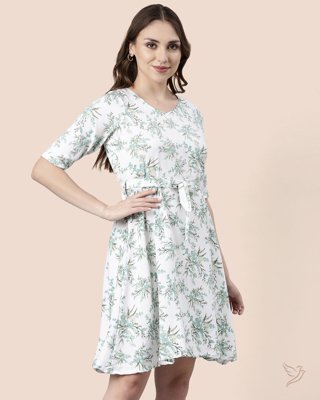  Pearl White Printed Polyester Midi Dress for Women