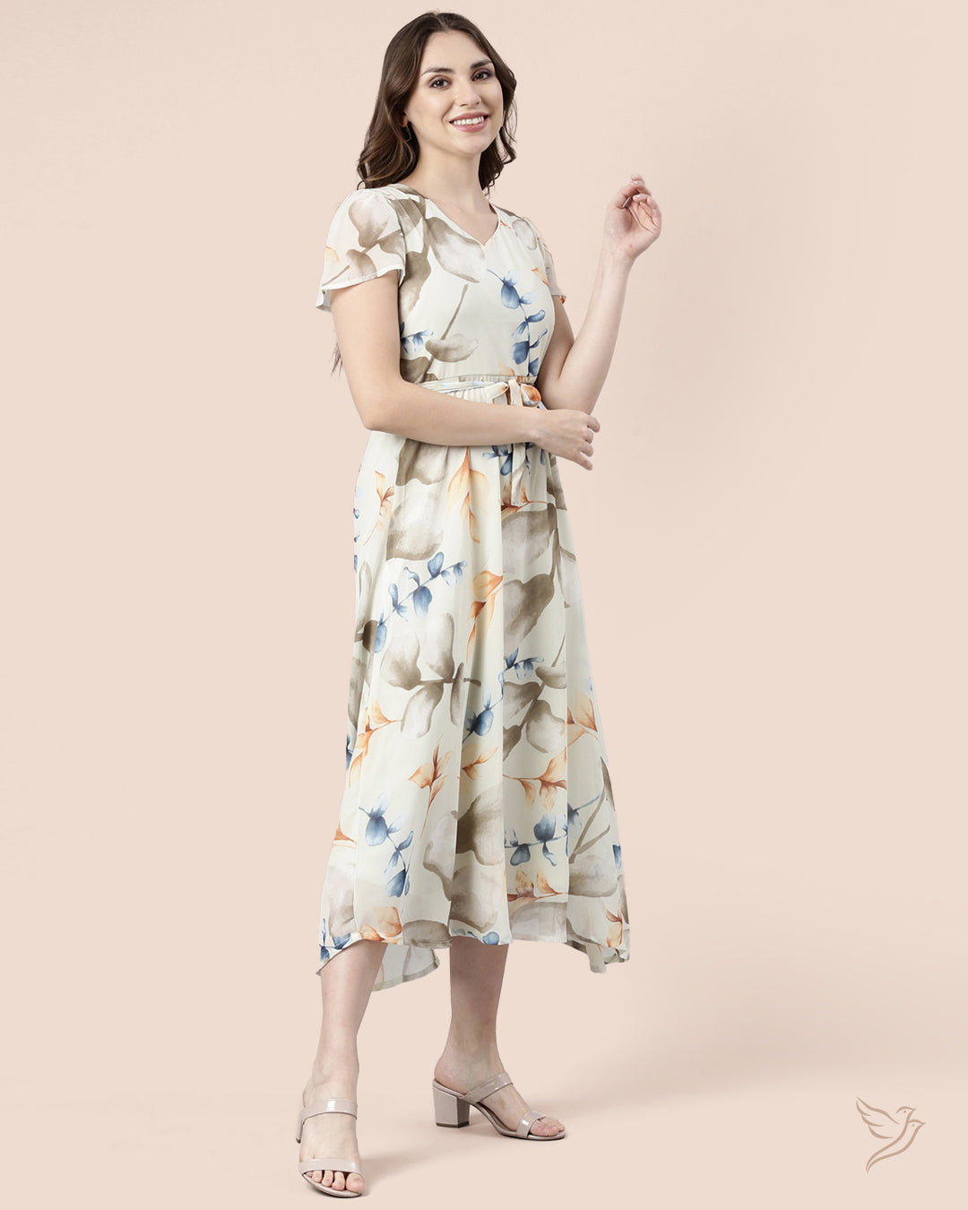 Stylish Off White Leaf Printed Bell Sleeve Dress   