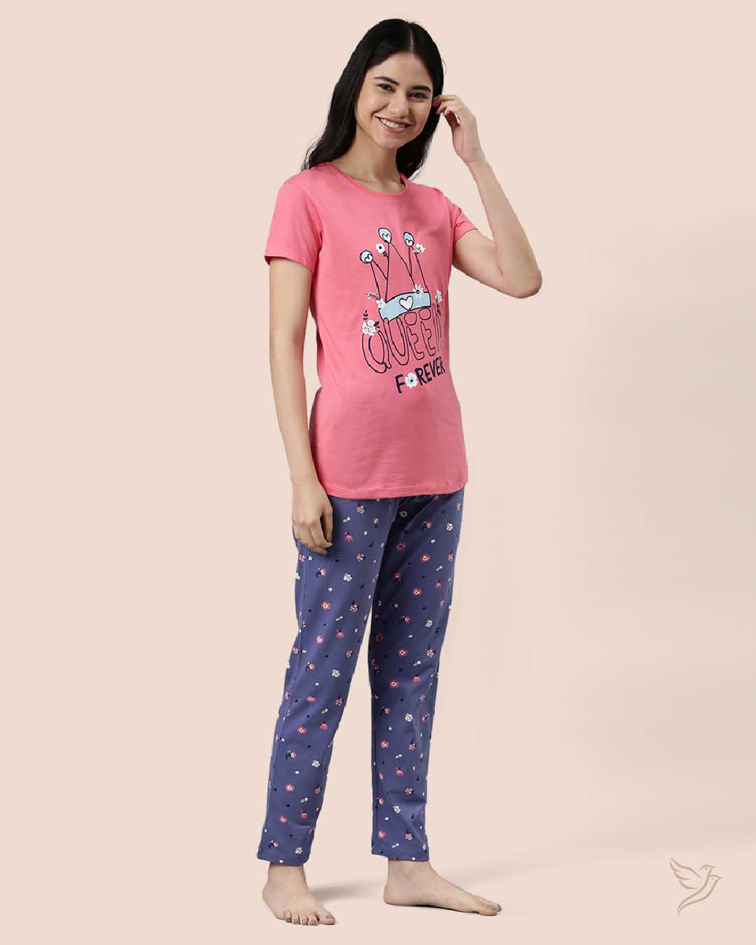 Pink & Blue Printed Lounge Wear Pyjama Set for College Girls