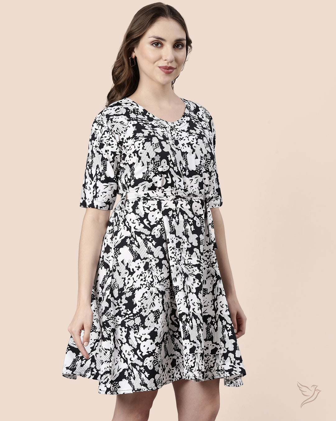 Black Floral Printed Women Polyester Midi Dress