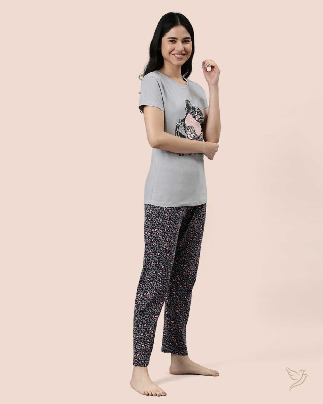 Grey & Black Printed Lounge Wear Pyjama Set for College Girls