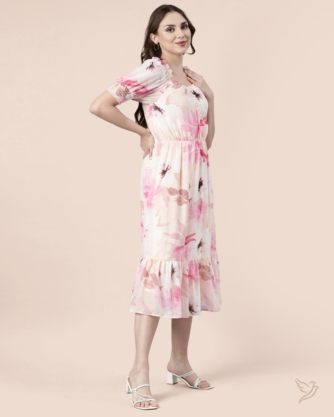 Luxury Peach Pink Floral Printed Women Smocked Dress