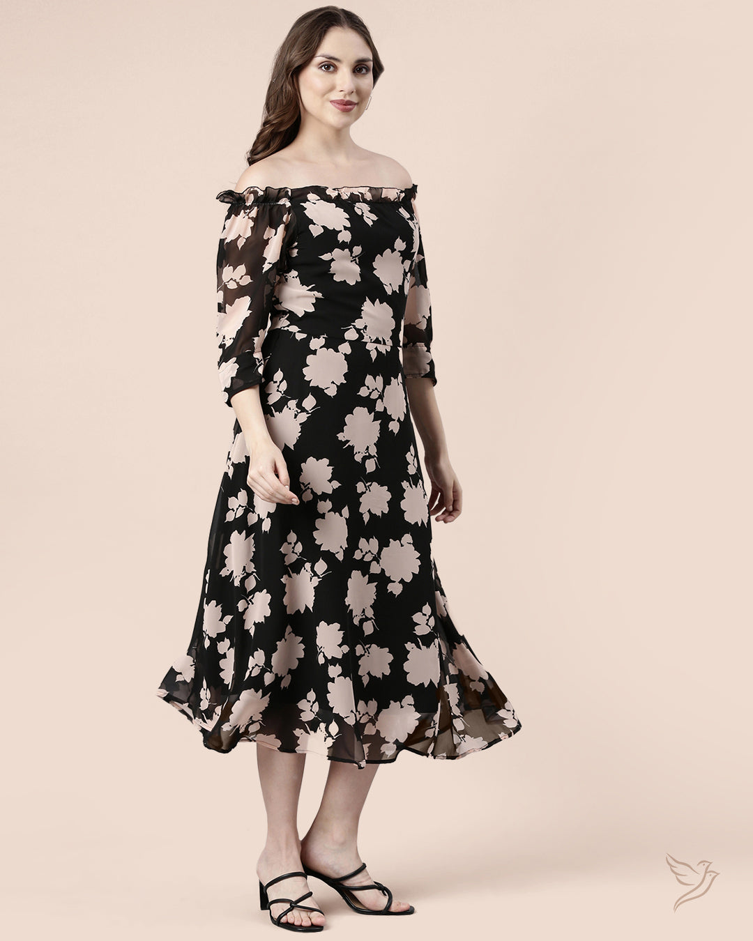 Luxury Black Pink Printed Women Off Shoulder Dress