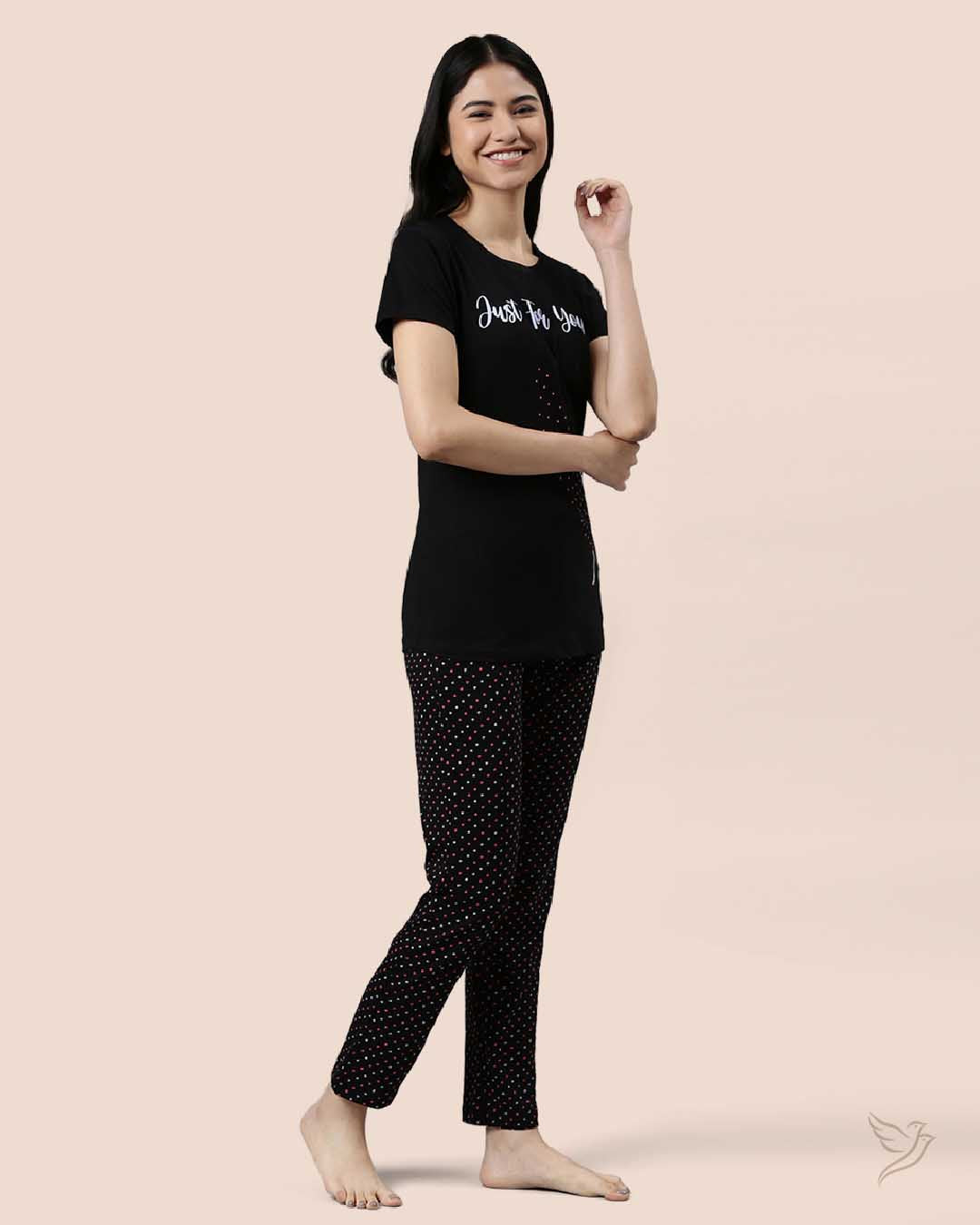 Black Women Printed Lounge Wear Pyjama Set