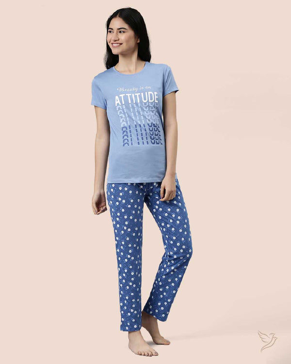 Blue & Blue Women Printed Lounge Wear Pyjama Set