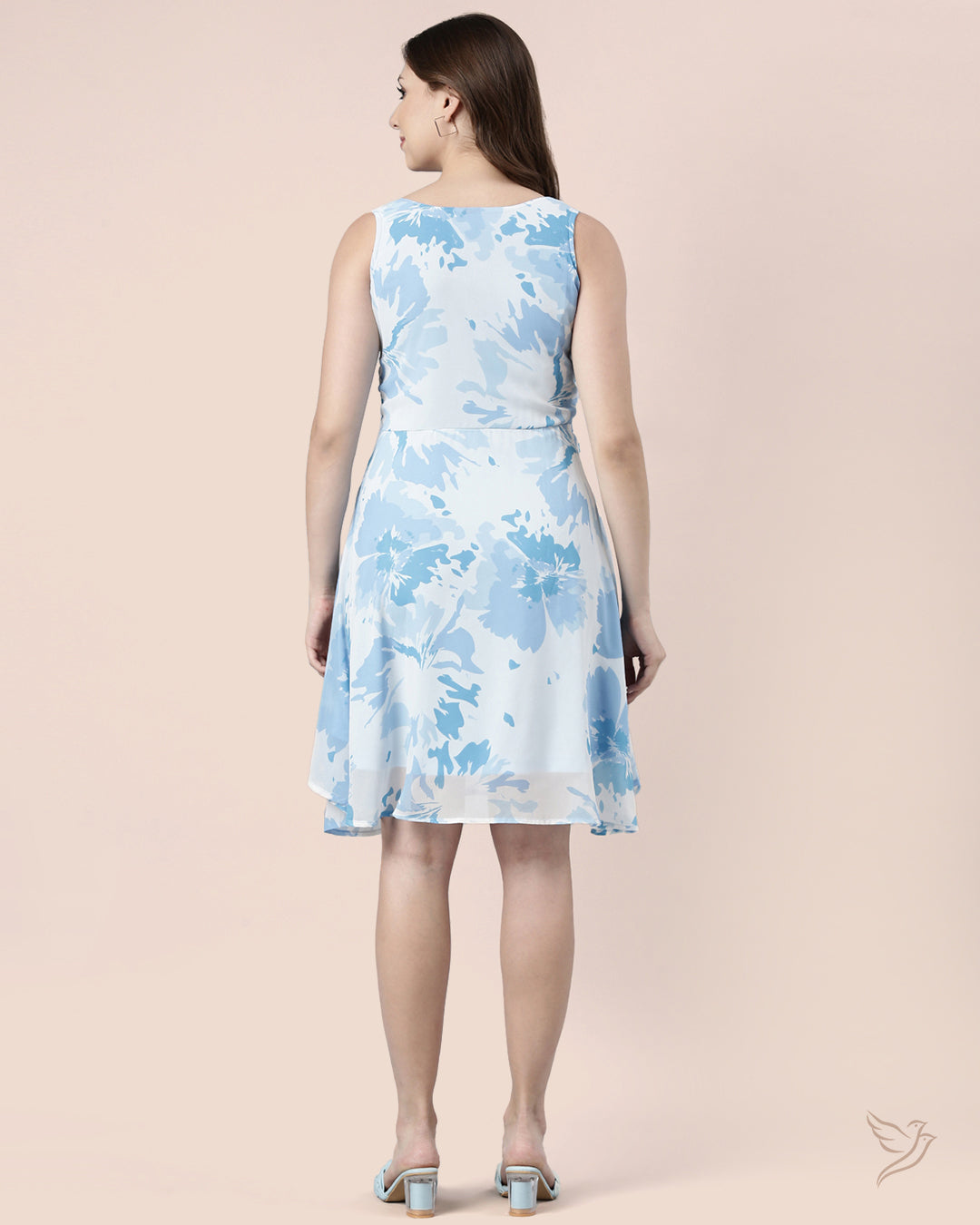 Luxury Sky Blue Printed Women Sleeveless Georgette Dress
