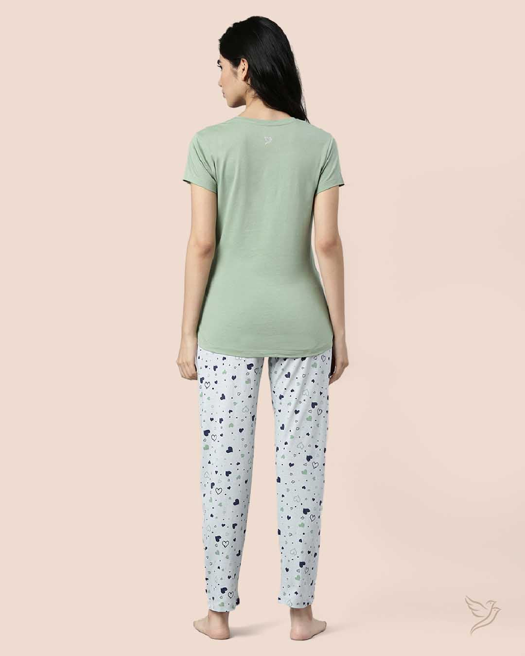 Stylish Light Green & Grey Printed Women Lounge Wear Pyjama Set