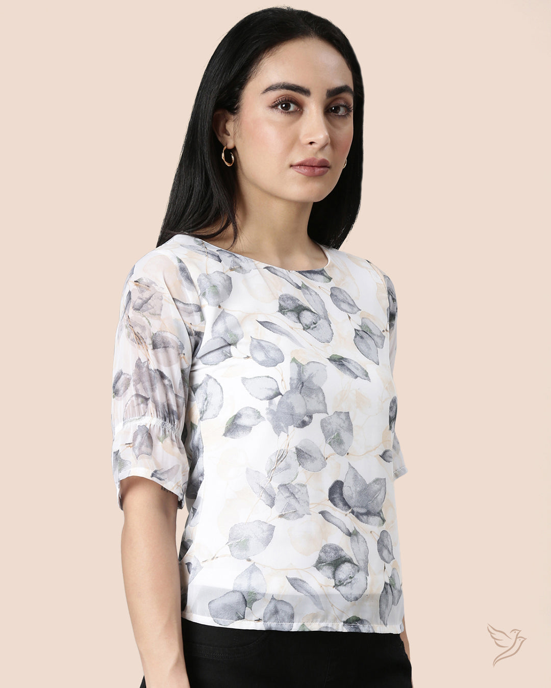 White Printed Georgette Short Top for College Girls