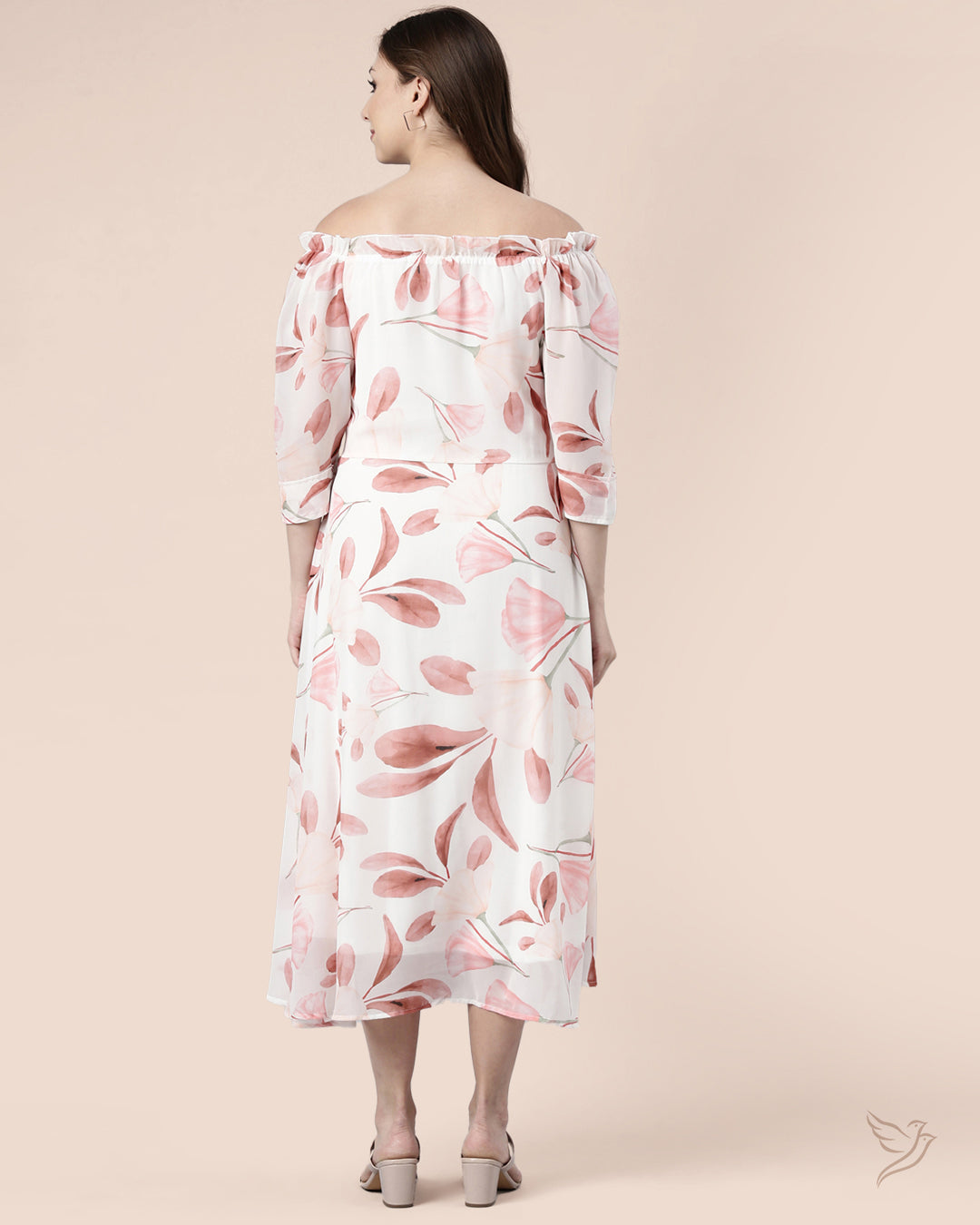 Luxury Pearl White Peach Printed Women Off Shoulder Dress