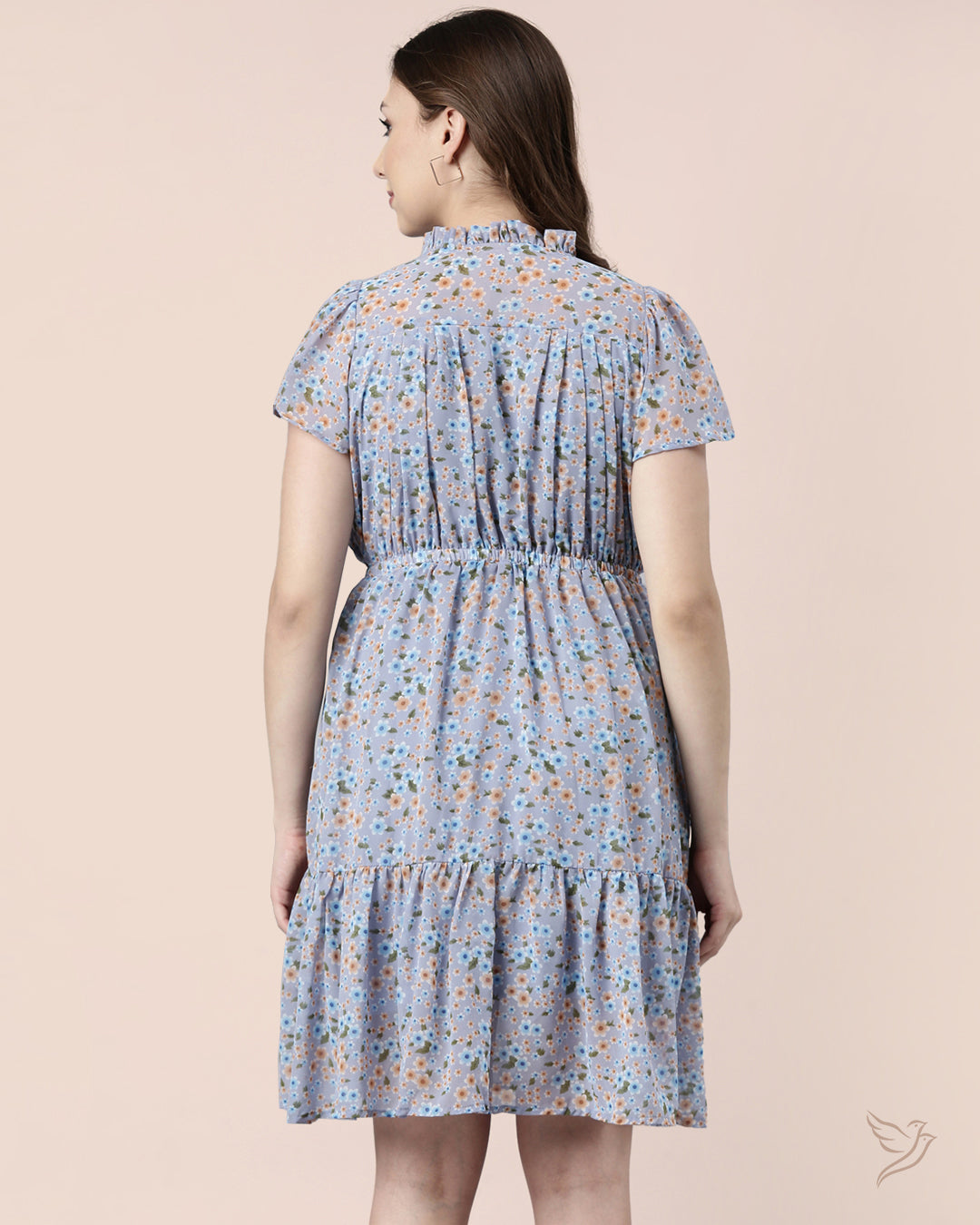 Blue Floral Printed Cap Sleeve Dress for Women