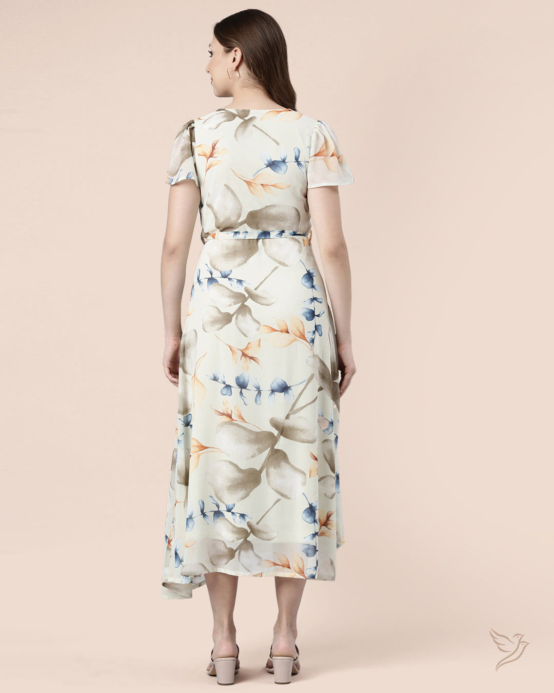 Luxury Off White Leaf Printed Bell Sleeve Dress   