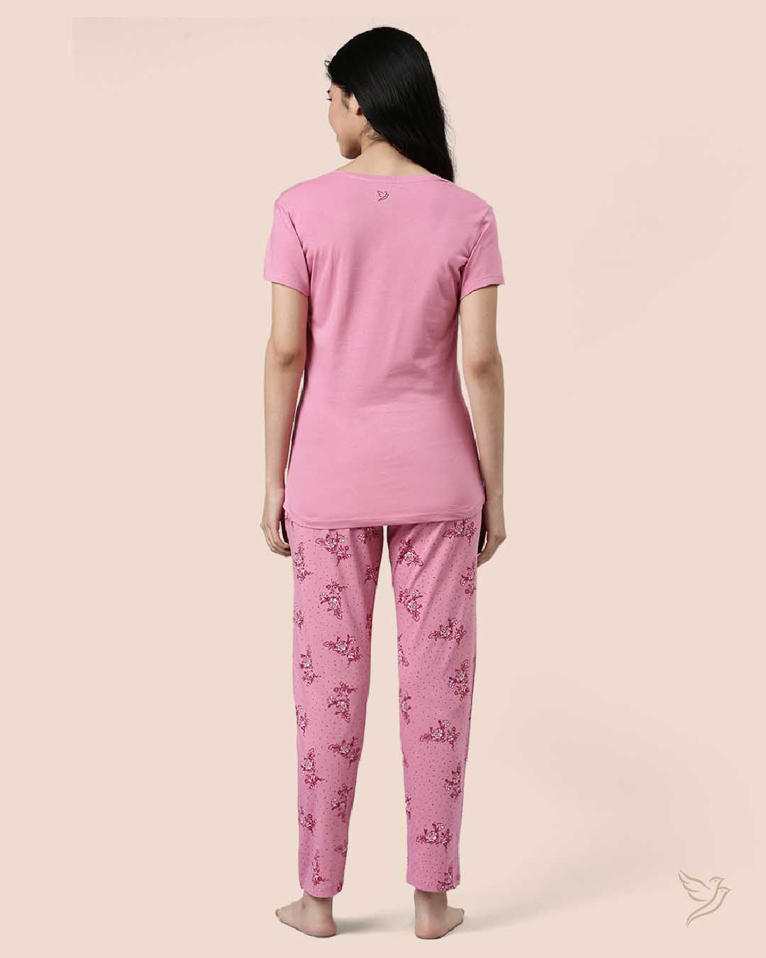 Stylish Pink Printed Women Lounge Wear Pyjama Set