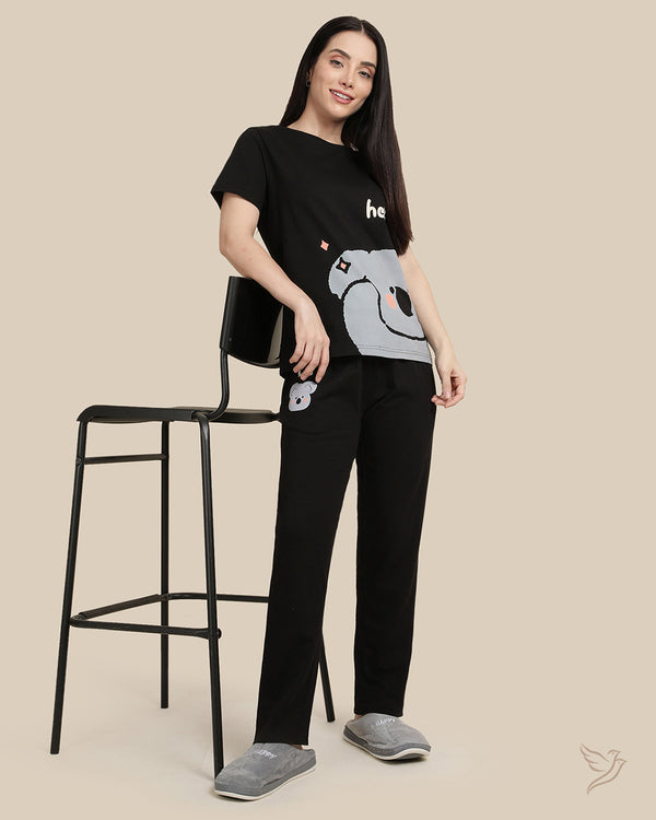 Koala Printed Co-ord Pants Set - Black