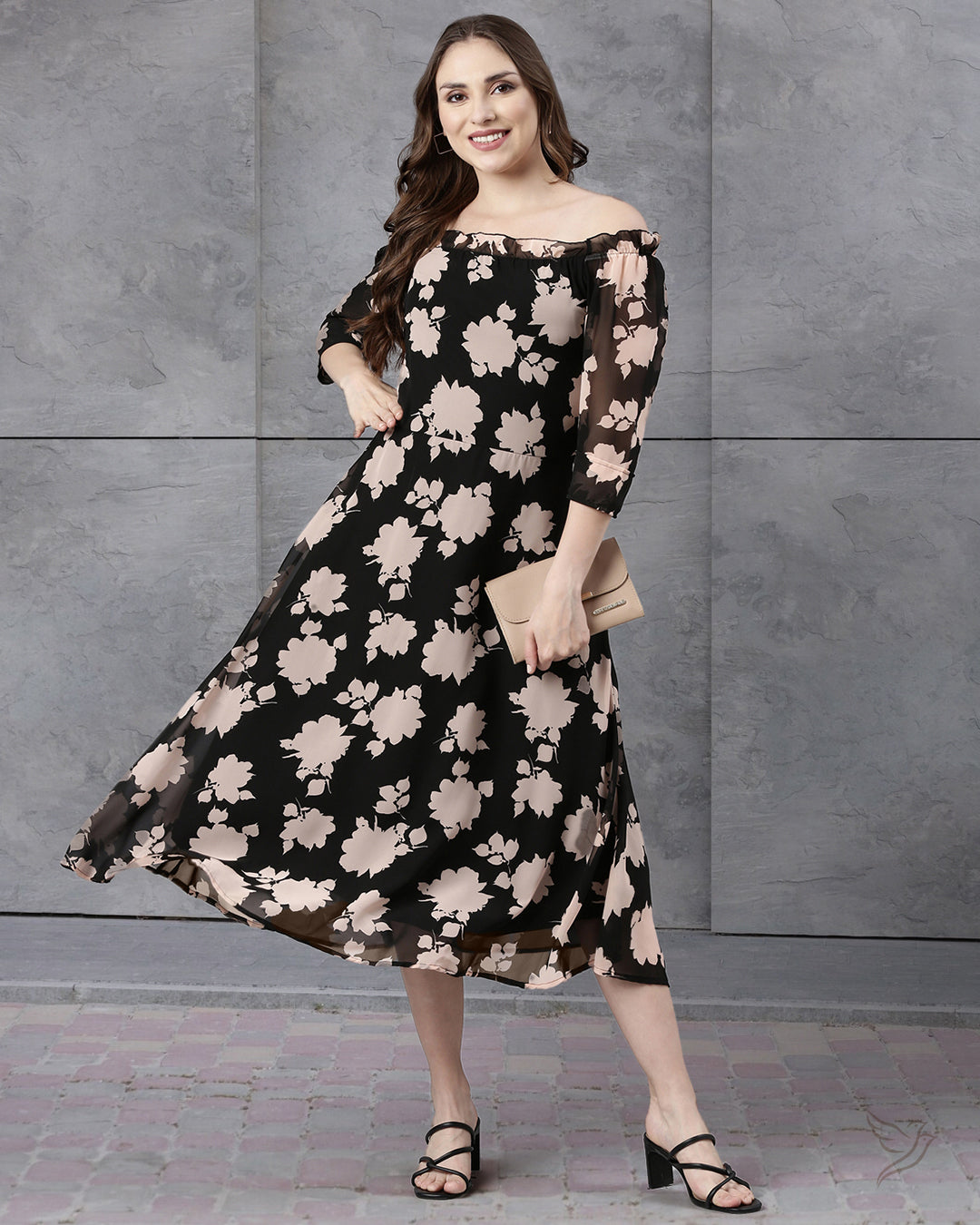 Black Pink Printed Women Off Shoulder Dress