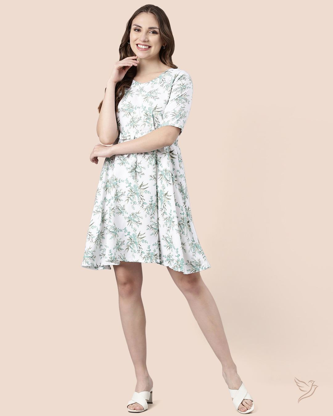 Comfortable Pearl White Printed Women Polyester Midi Dress