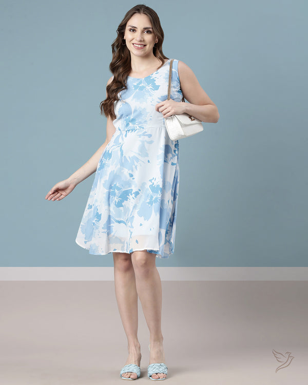 Sky Blue Printed Women Sleeveless Georgette Dress