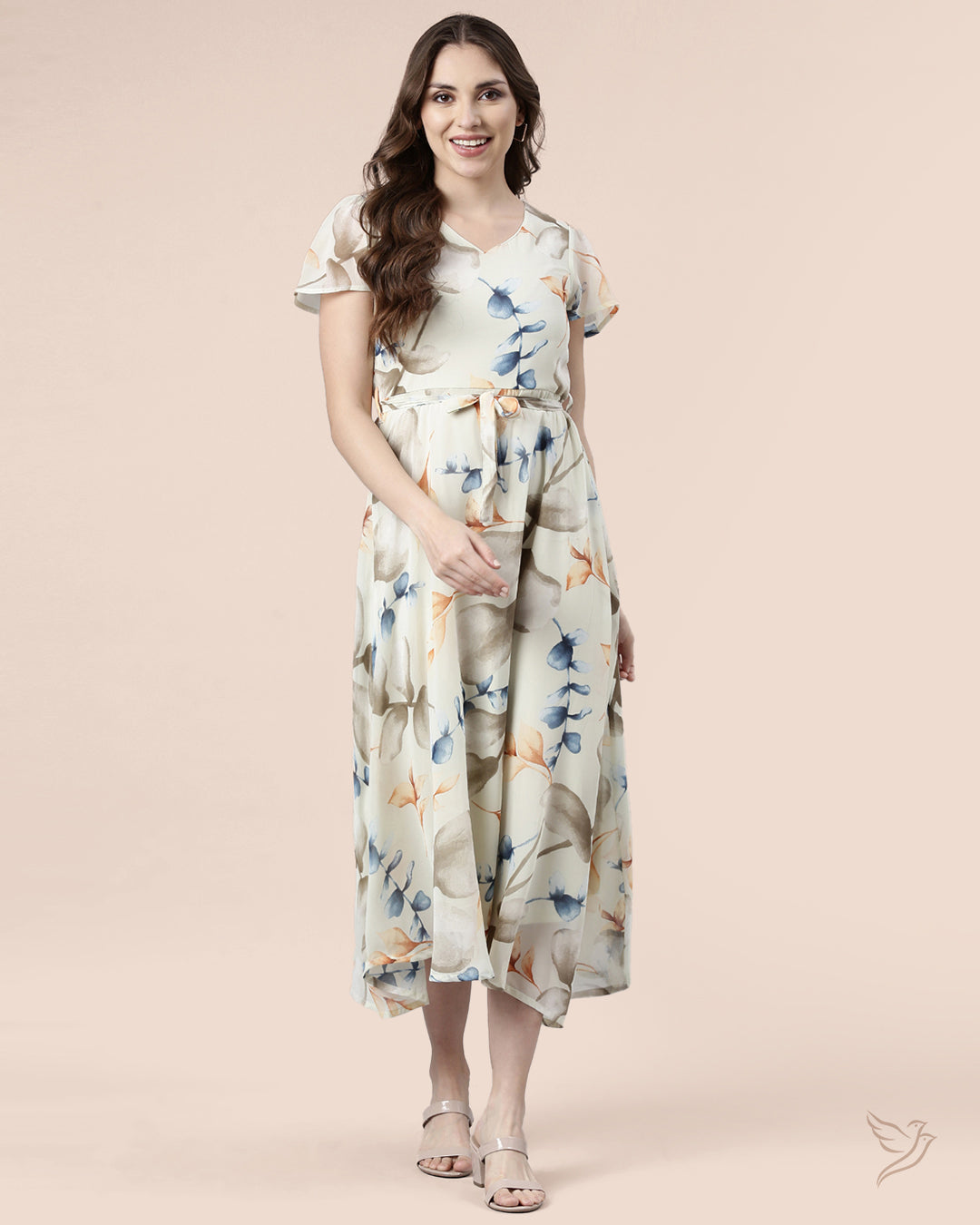 Comfortable Off White Leaf Printed Bell Sleeve Dress