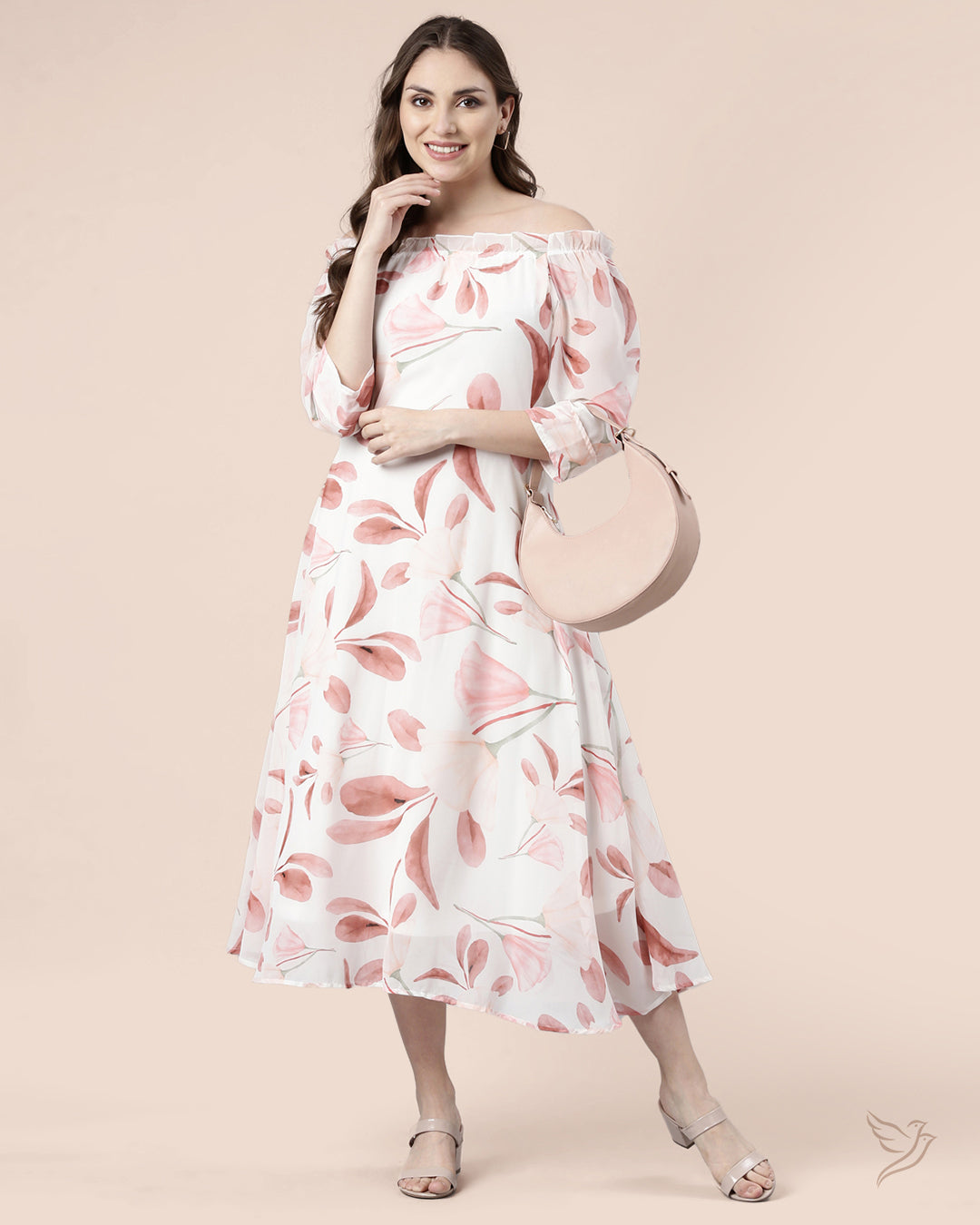 Comfortable Pearl White Peach Printed Women Off Shoulder Dress