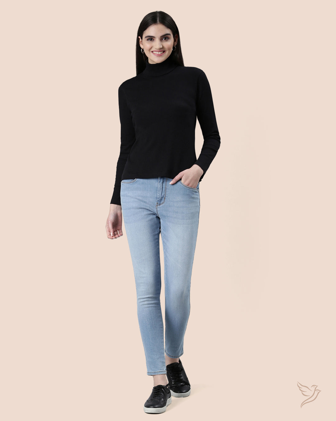 Luxury Black Women Turtle Neck Ribbed Tee 