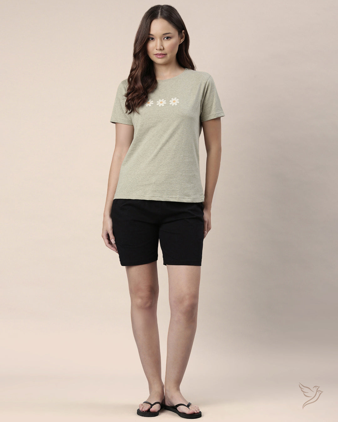 Cute Flower Print Loungewear Tee for women - Dusty Green