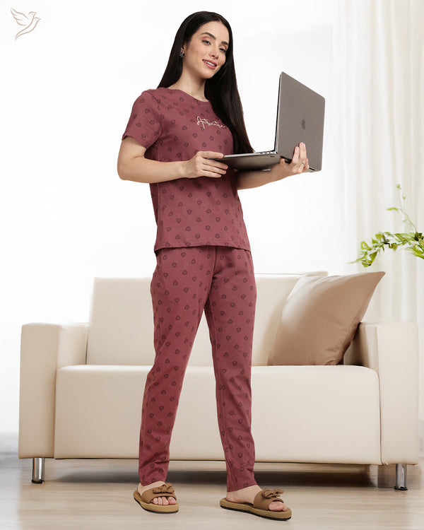 Leaf Printed Co-ord Set - Burgundy Loungewear
