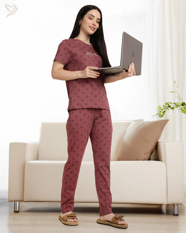 Leaf Printed Co-ord Set - Burgundy Loungewear