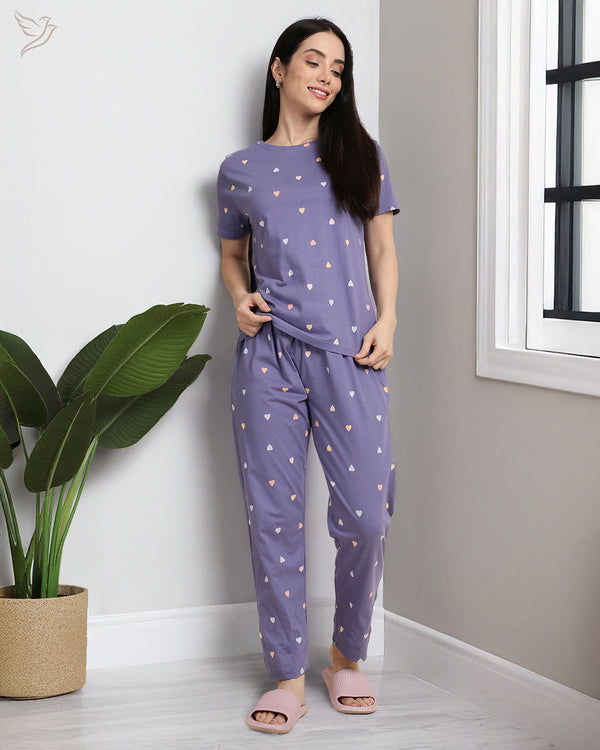 Heart Printed Co-ord Set - Purple Loungewear