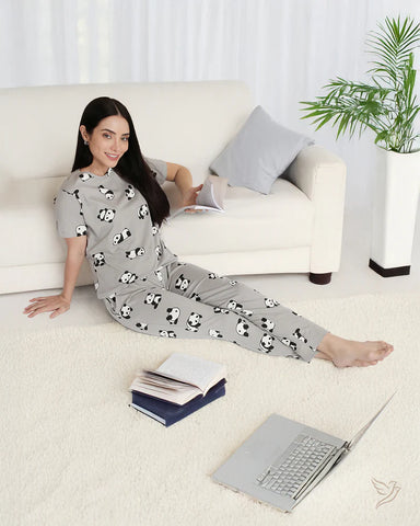 Panda Printed Co-ord Set - Grey Loungewear