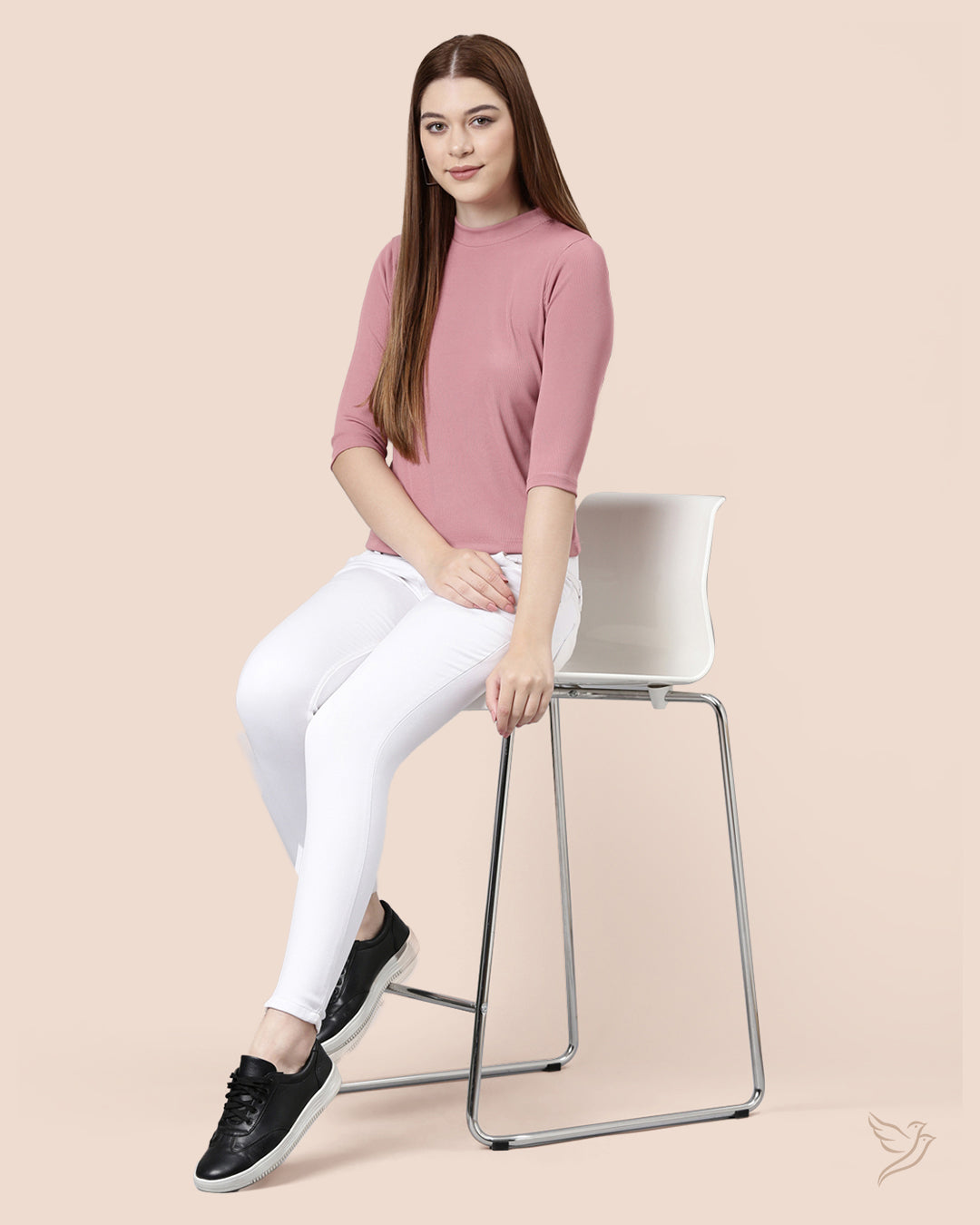 Comfortable Light Pink Women High Neck Top 