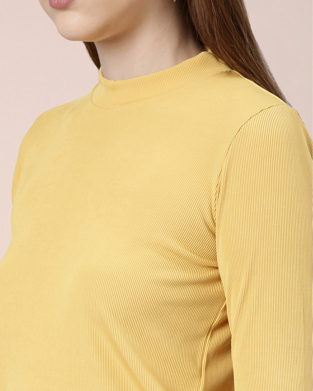 Stretchy Yellow Women High Neck Top 