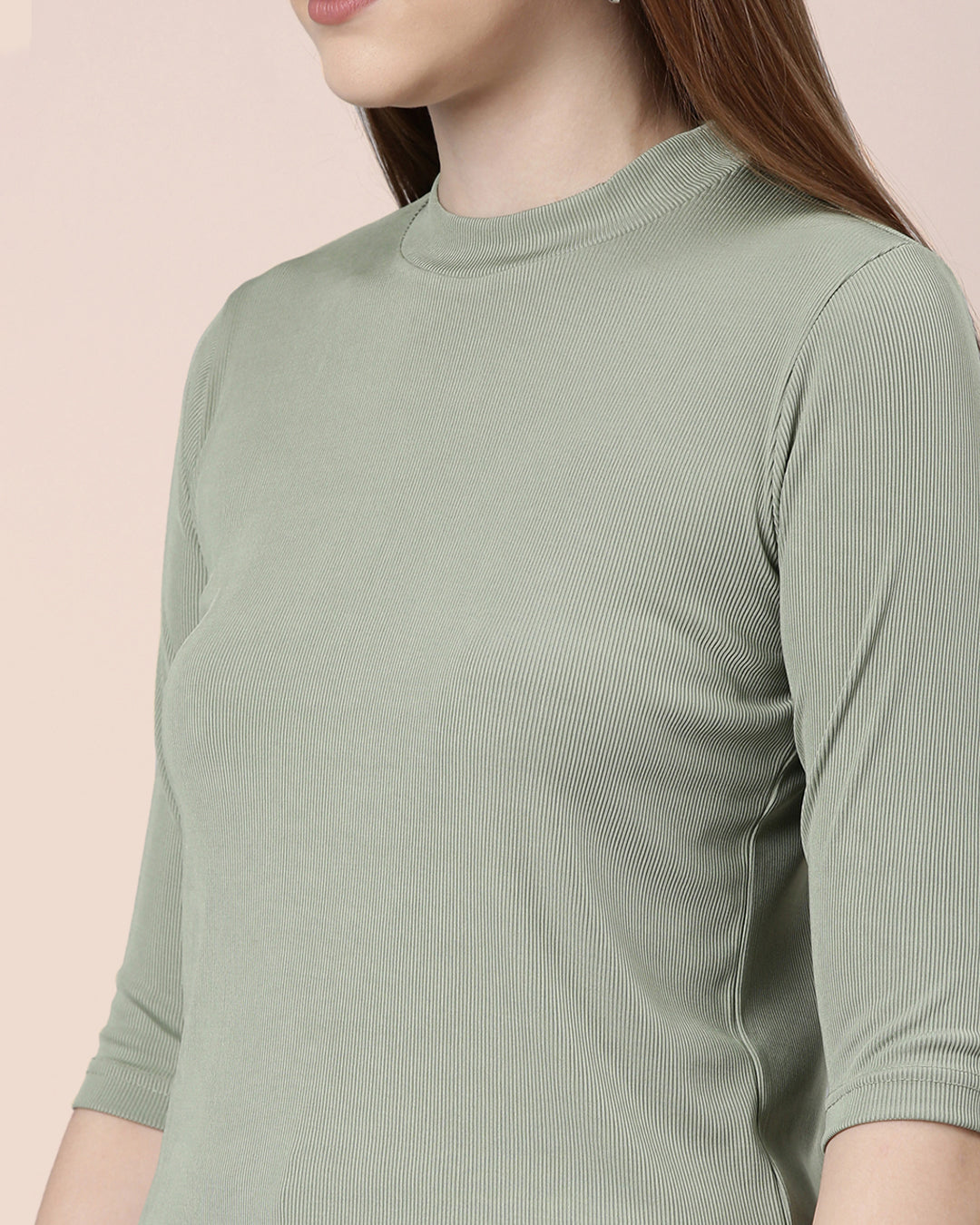 Strechy Pista Green Women High Neck Top 