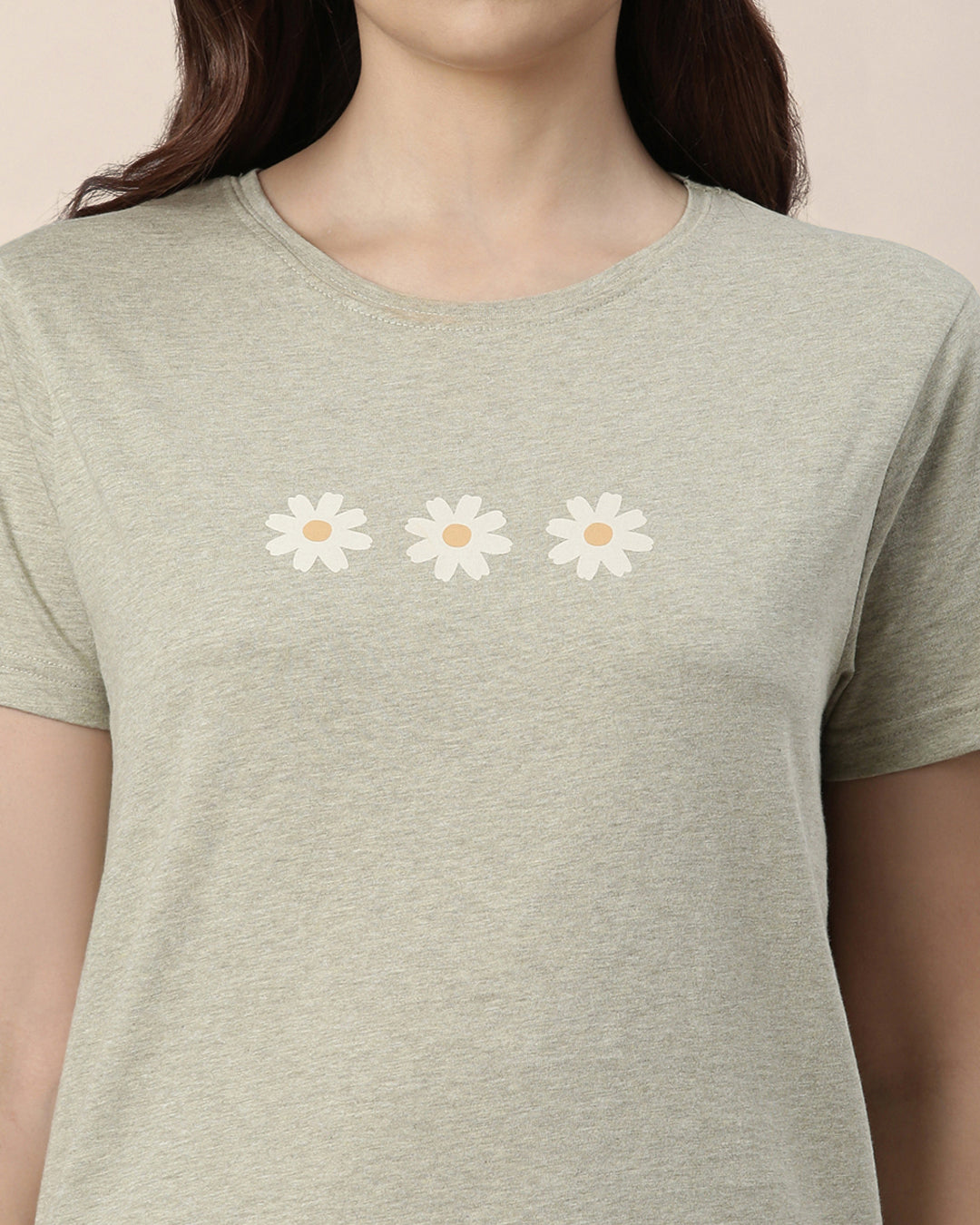Flower Print Dusty Green T-shirt for Women - Twin Birds 