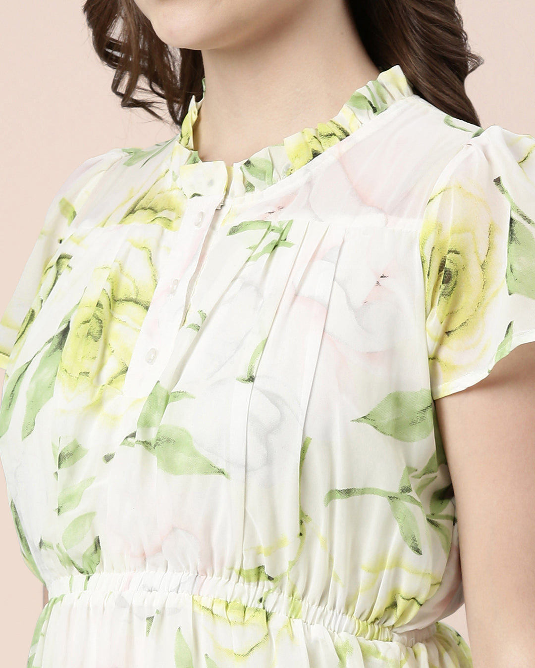 Comfortable Lime Green Floral Printed Cap Sleeve Dress